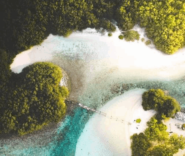 an aerial view of a tropical island with a bridge between two small islands in the middle of the ocean .