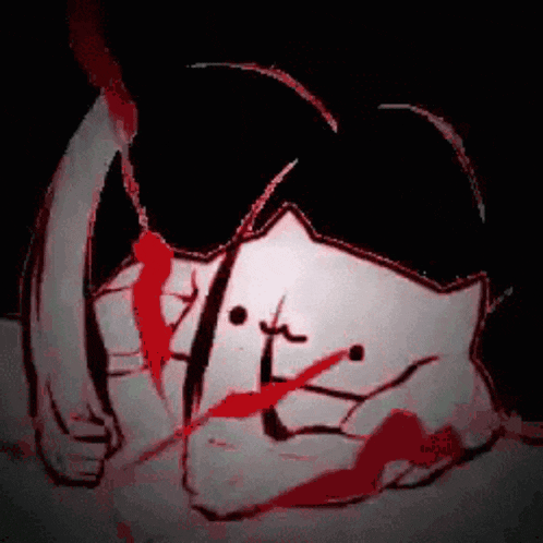 a black and white drawing of a cat with blood coming out of its mouth