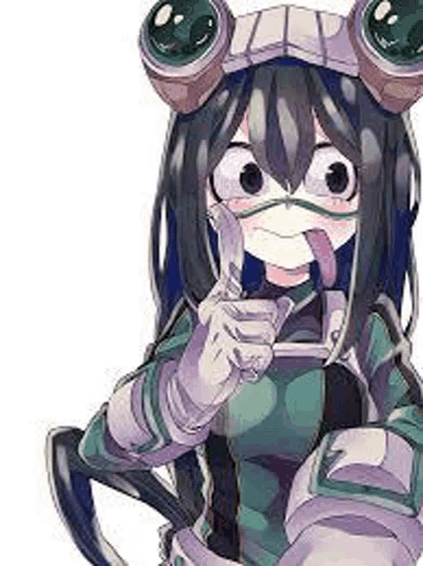 a girl in a frog costume is sticking out her tongue while holding a knife .