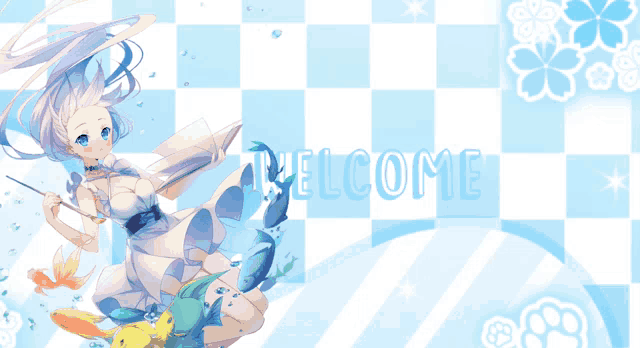 a blue and white checkered background with the word welcome in the corner