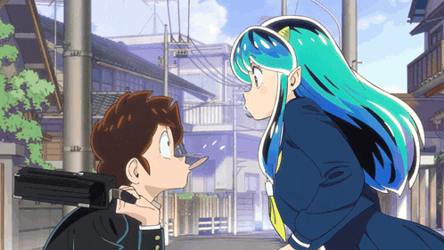 a cartoon of a boy and a girl with blue hair