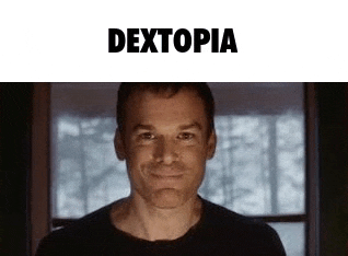 a close up of a man 's face with the word dextopia above him .