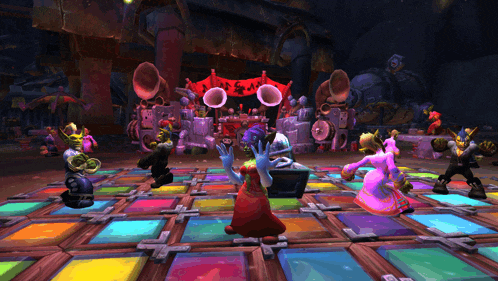 a group of goblins are dancing on a colorful dance floor in a video game