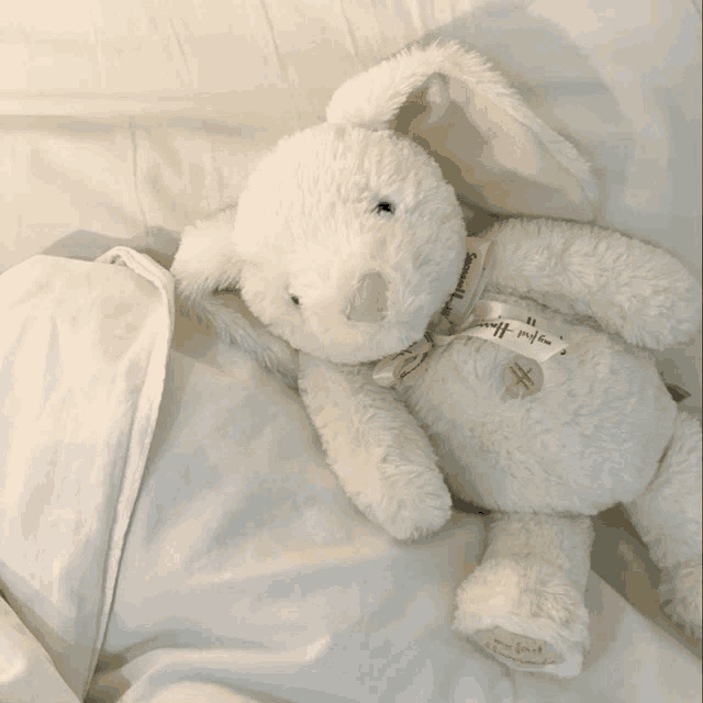 a white stuffed bunny with a ribbon that says sweetheart