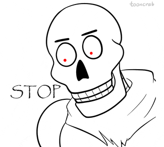 a black and white drawing of a skeleton with red eyes and the word stop below it