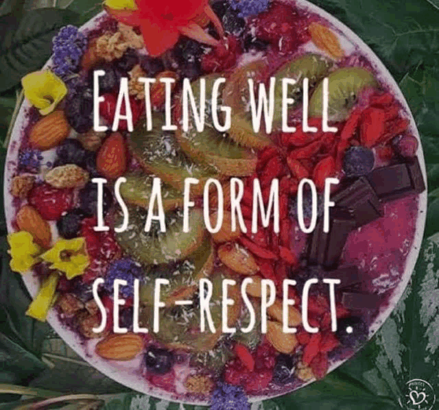 a bowl of fruit and nuts with a quote that says eating well is a form of self-respect .