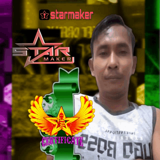 a man stands in front of a sign that says star maker