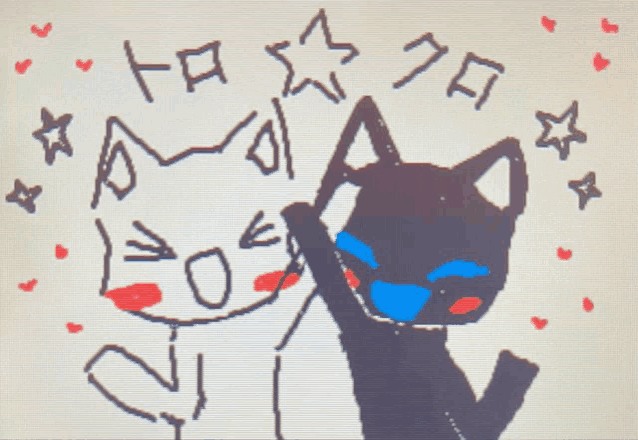 a drawing of a black cat giving a high five to another cat