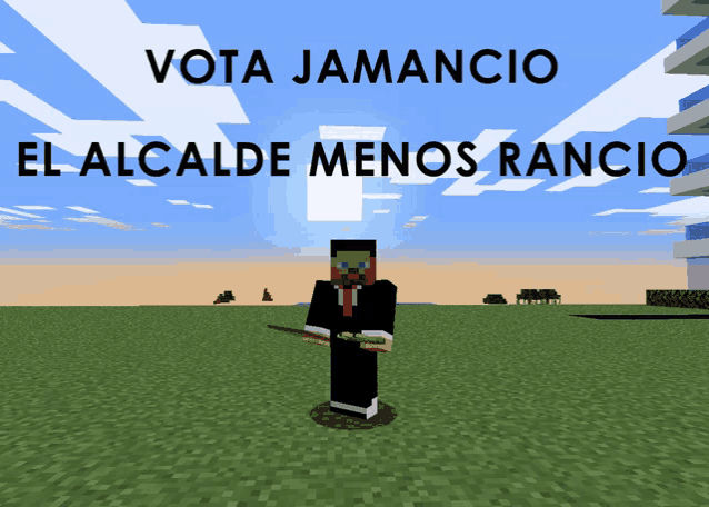 a man in a suit and tie is standing in a field with the words vota jamancio el alcalde menos rancio below him