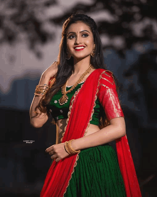 a woman wearing a green and red dress is smiling for the camera with the words sunset group behind her