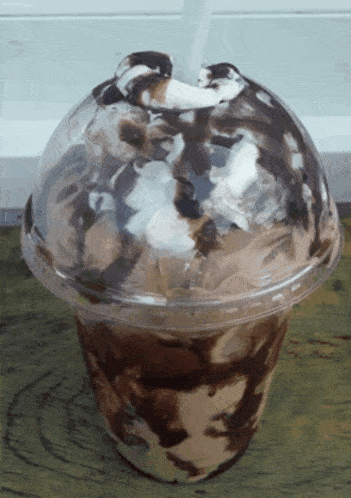 a plastic cup of ice cream with chocolate sauce and whipped cream