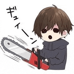 a cartoon of a boy holding a chainsaw .