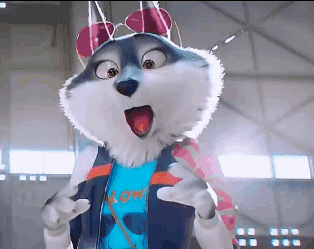 a cartoon husky wearing sunglasses and a blue shirt that says low