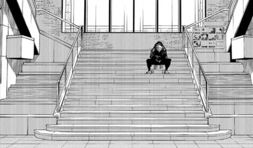 a black and white drawing of a person sitting on the stairs .