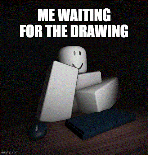 a roblox character is sitting in front of a keyboard and mouse with the words " me waiting for the drawing "