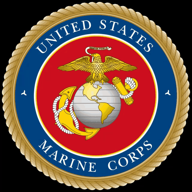 a united states marine corps seal with a gold eagle on top of a globe