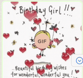 a birthday card for a girl with a gif of a girl surrounded by hearts