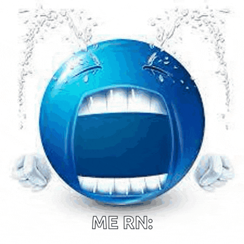 a blue smiley face is crying with water coming out of its eyes .