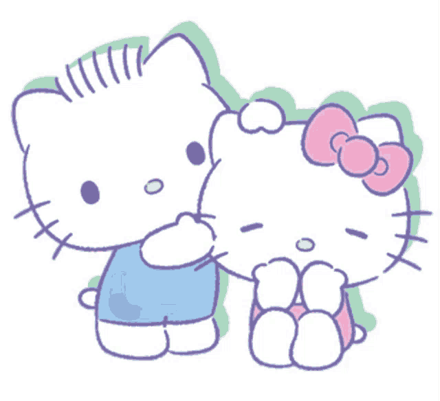 two hello kitty characters are hugging each other and one has a pink bow on her head