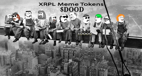 a black and white photo of a group of people sitting on a ledge with xrpl meme tokens $ dood written on the bottom