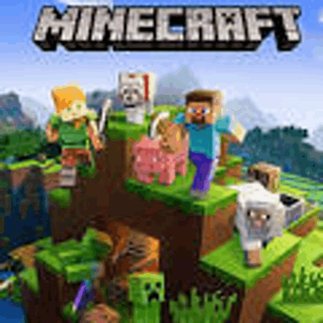 a poster for a video game called minecraft with a bunch of characters on a cliff .