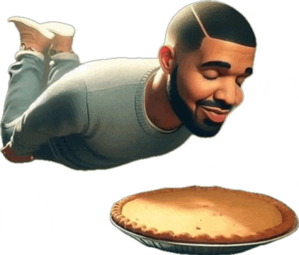 a man is flying over a pie on a white background