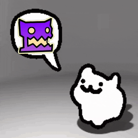 a cartoon cat is standing next to a purple cat with a speech bubble .