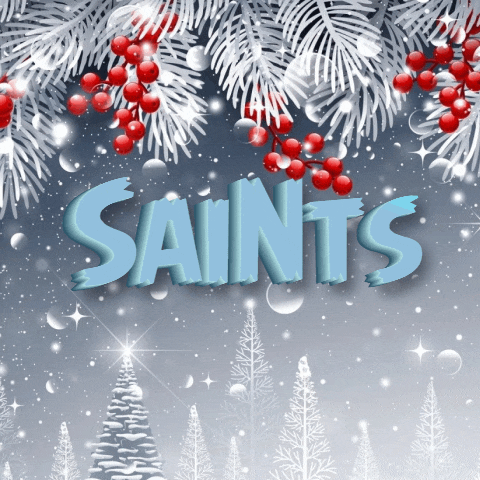 the word saints is on a snowy background with trees