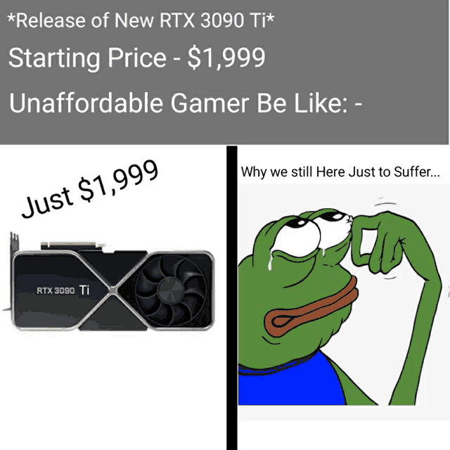 a picture of a rtx 3090 ti and a picture of a frog crying