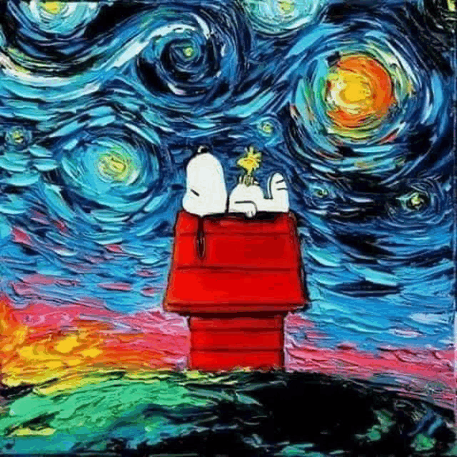 a painting of snoopy and woodstock sitting on top of a red house under a starry night sky .