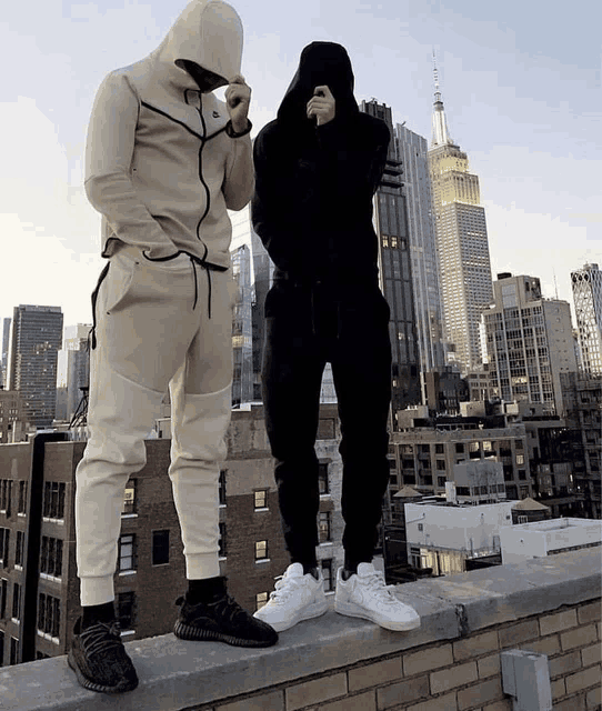 two men are standing on a ledge with a city in the background