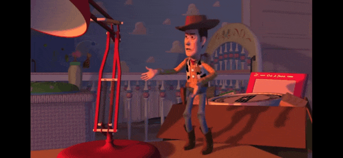 woody from toy story standing next to a lamp