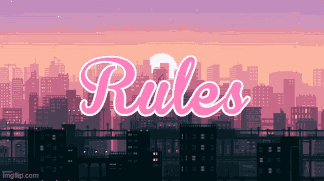 a pixel art of a city with the word rules