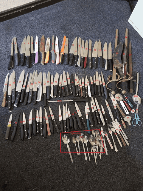 a bunch of knives and utensils are laid out on a carpet