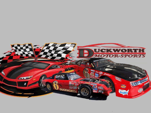 a duckworth motor sports logo with two race cars in front of it