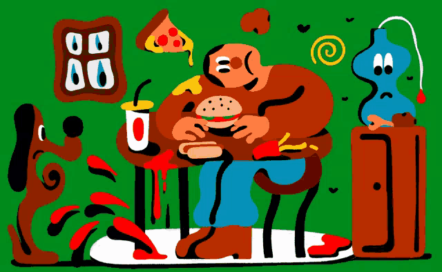 a cartoon illustration of a man eating a hamburger and french fries