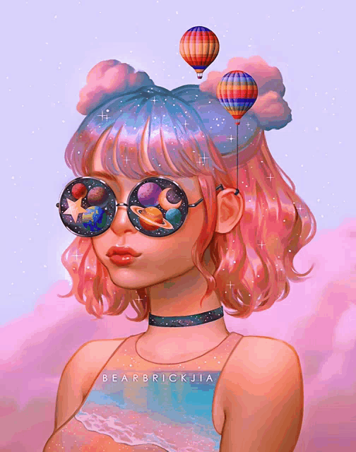 a painting of a girl wearing sunglasses with planets reflected