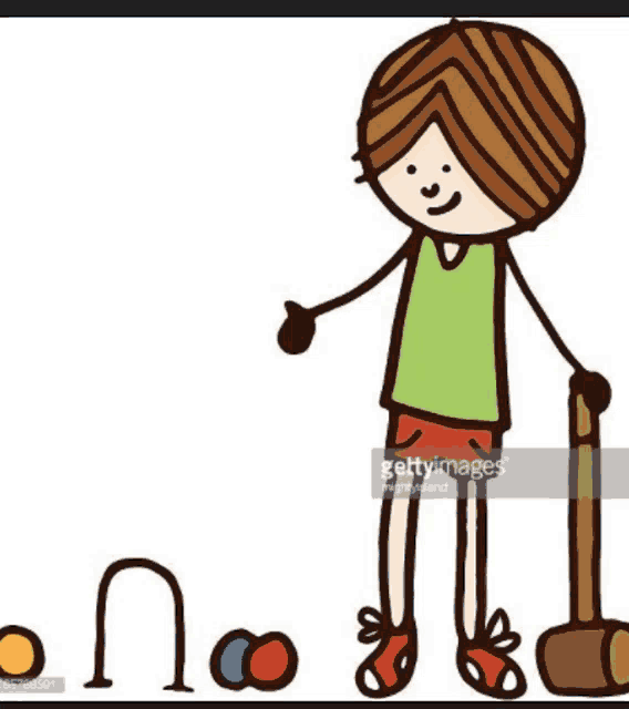 a cartoon illustration of a boy playing croquet with a mallet and balls .