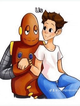 a boy and a robot are sitting next to each other on a white background .