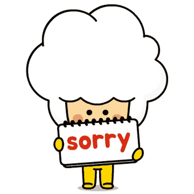 a cartoon character with white hair is holding a sign that says sorry