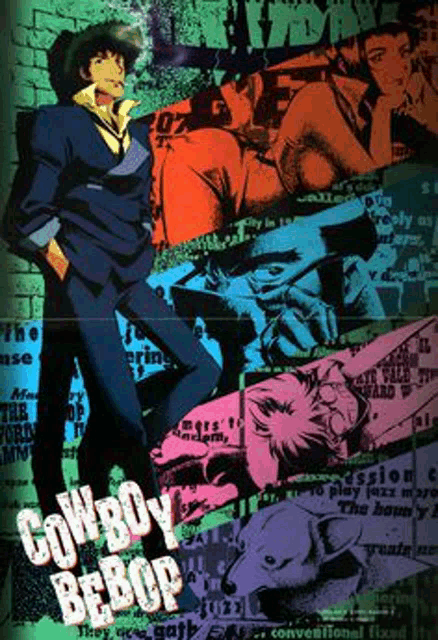 a poster of cowboy bebop shows a man in a suit and hat