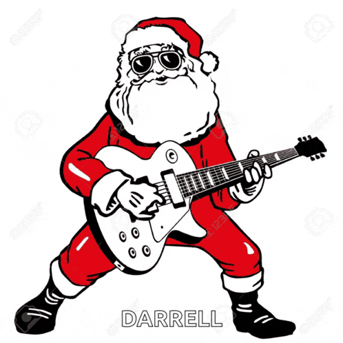 a cartoon of santa claus playing a guitar with the name darrell below him