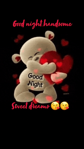 a teddy bear is hugging a red heart with the words `` good night handsome sweet dreams '' written on it .