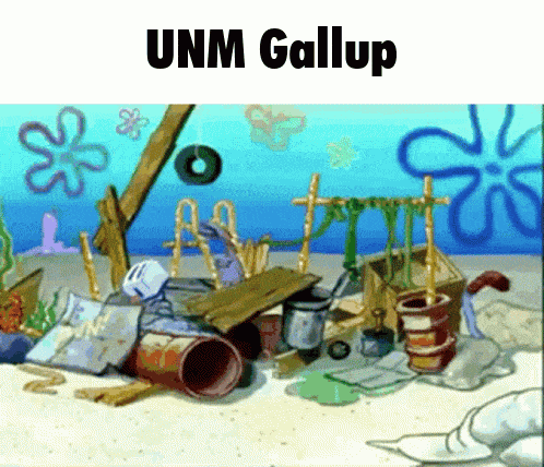 a cartoon scene from spongebob squarepants with the words " unm gallup " on the bottom