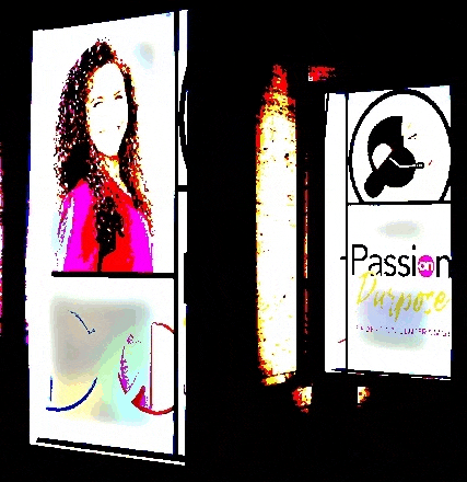 a painting of a woman next to a sign that says passion