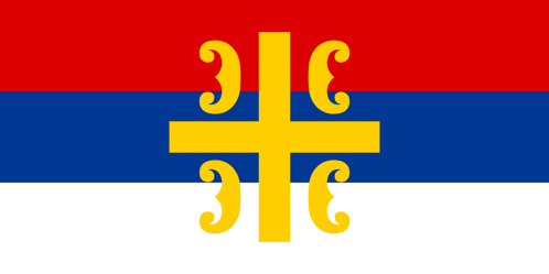 a red white and blue flag with a yellow cross and the letters 3 and 6