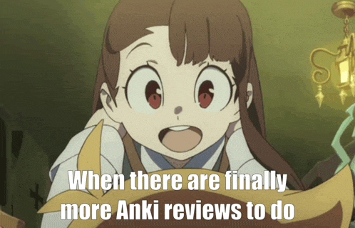 a picture of a girl with the words when there are finally more anki reviews to do