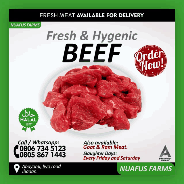 fresh and hygienic beef is available for delivery at nuafus farms