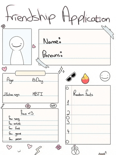 a friendship application with a picture of a person , name , pronouns , age , and random facts