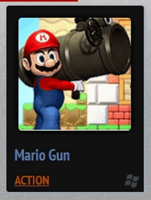 a picture of mario holding a gun with the words mario gun action underneath